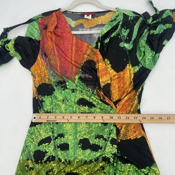 VIVIENNE TAM Size Large Green Abstract Splatter Print 100% Silk Faux Wrap Dress - Picture 9 of 10